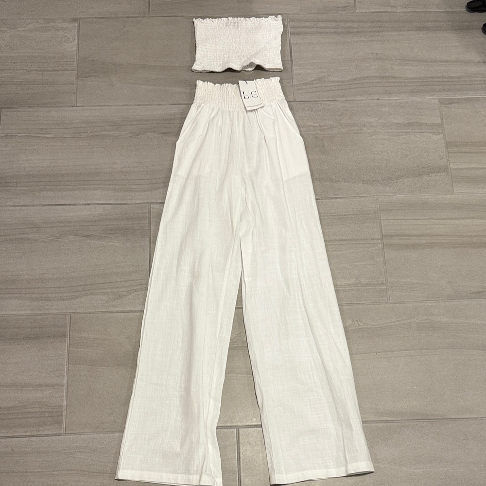 LG Women's Cream Wide Leg Pants and Tube Top Set